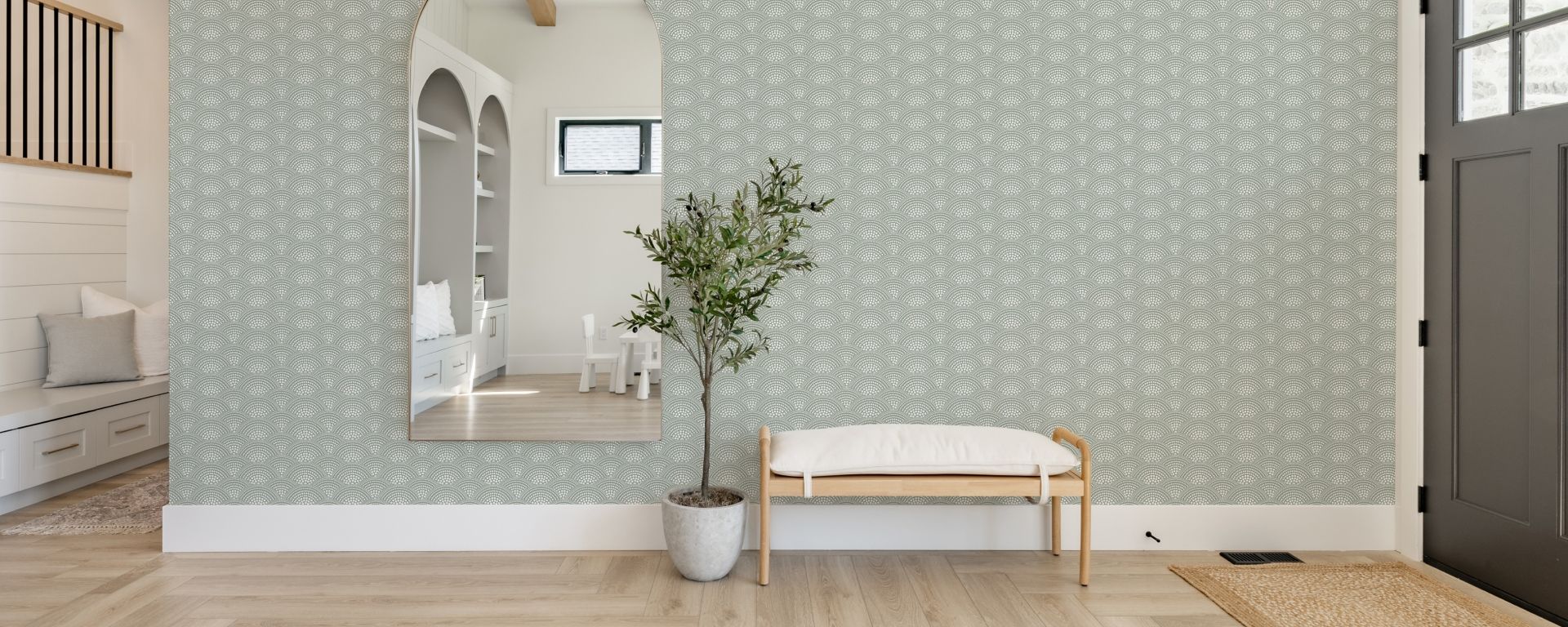 Dot Scallop Wallpaper • Olive Green • Entry Way