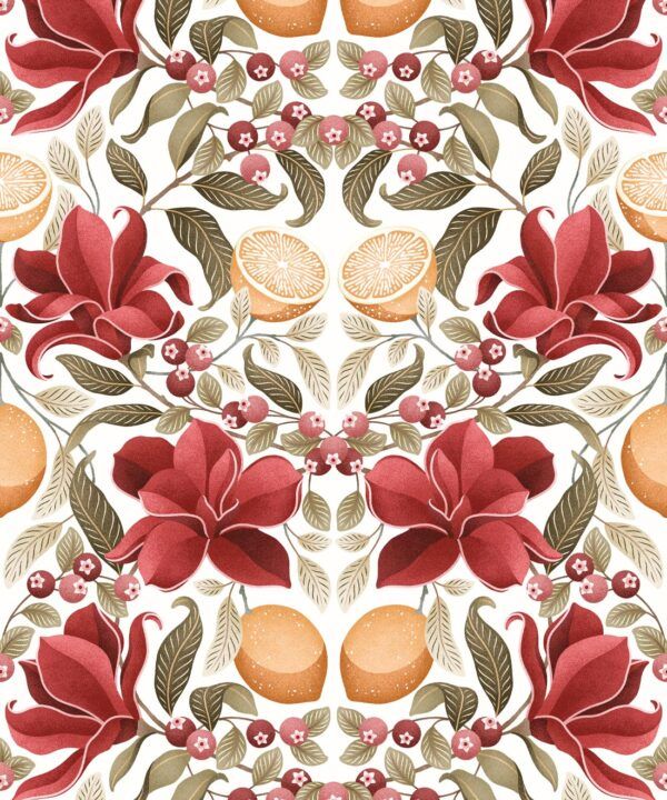Lemons & Magnolia Wallpaper - Crimson & Olive Colorway - Swatch