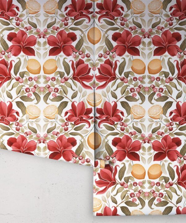 Lemons & Magnolia Wallpaper - Crimson & Olive Colorway - Roll