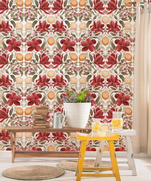 Lemons & Magnolia Wallpaper - Crimson & Olive Colorway - Insitu