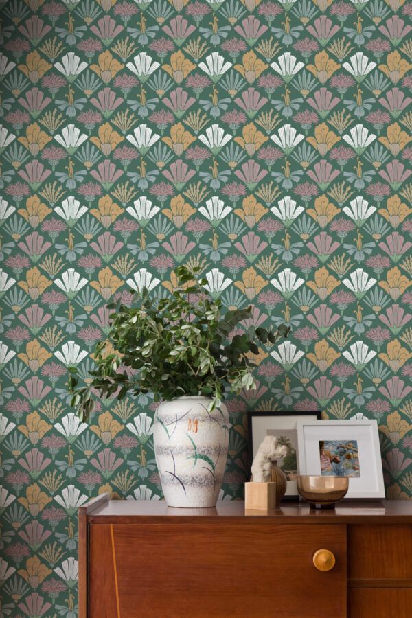 In The Bloom Collection - Wallpaper Republic - Fanned Flowers Wallpaper - Colorway: Forest Green - Insitu