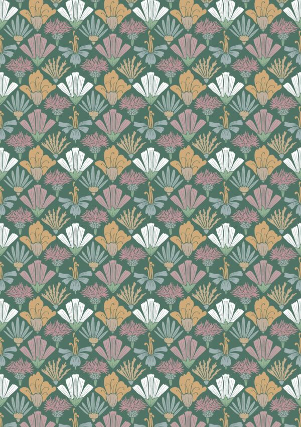 In The Bloom Collection - Wallpaper Republic - Fanned Flowers Wallpaper - Colorway: Forest Green - Swatch