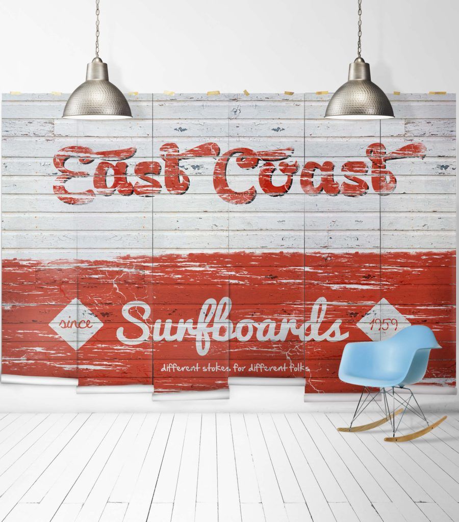 wall mural with white and orange painted faux timber with the words East Coast Surfboards since 1959 Different Strokes For Different Folks