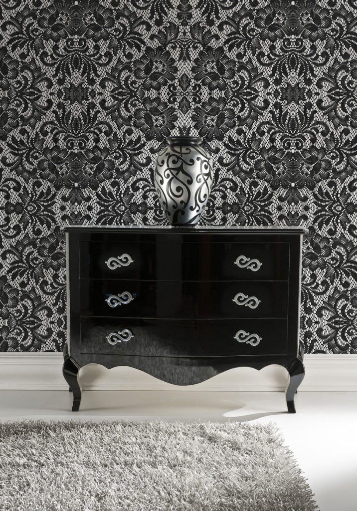 Huntington Lace Wallpaper.  White floors and black lace wallpaper with a short black dresser 