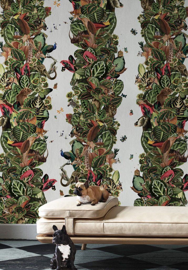 Viva Tropicana by Kingdom Home Wallpaper manufactured and sold by Milton & King showing a crowded jungle of birds and beasts and butterflies among lush tropical foliage