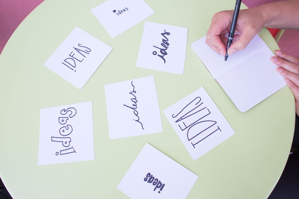 Brainstorming is the first step in how to hang Wallpaper and Interior Decorating, white notes with the word "ideas" written on each piece of white paper