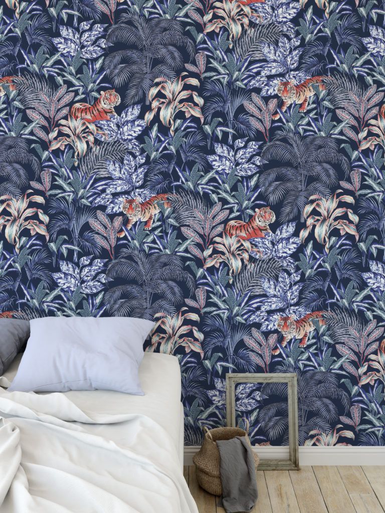 Jungle Tiger Wallpaper by Jacqueline Colley featuring Sumatran Tigers among a tropical jungle in midnight blue hues