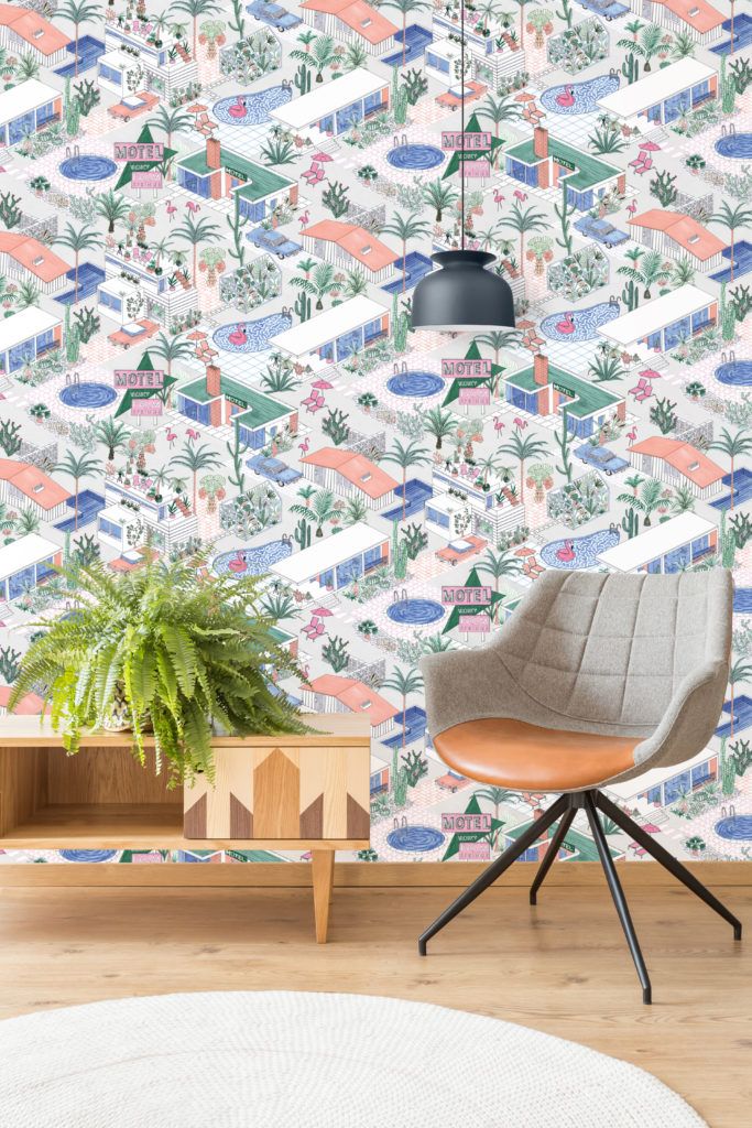 Palm Springs wallpaper by Jacqueline Colley featuring Mid-century architecture, swimming pools and pink flamingos