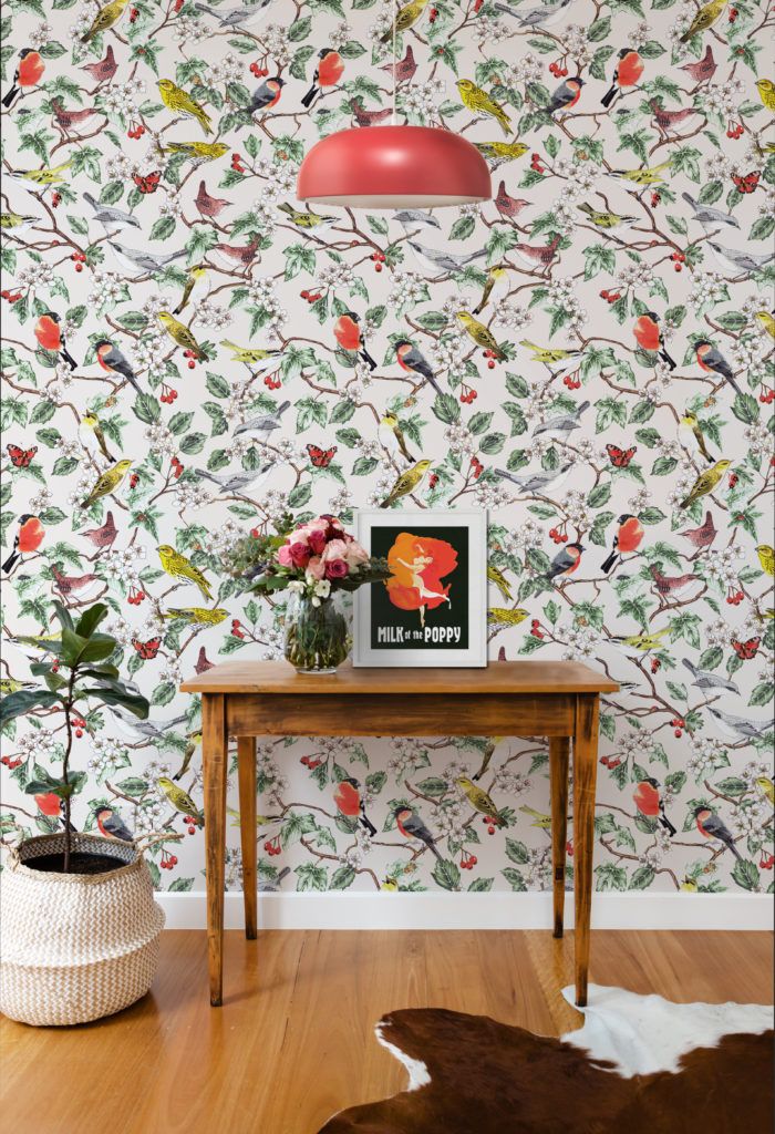 Hawthorn wallpaper by Jacqueline Colley featuring birds, ladybugs perched on branches