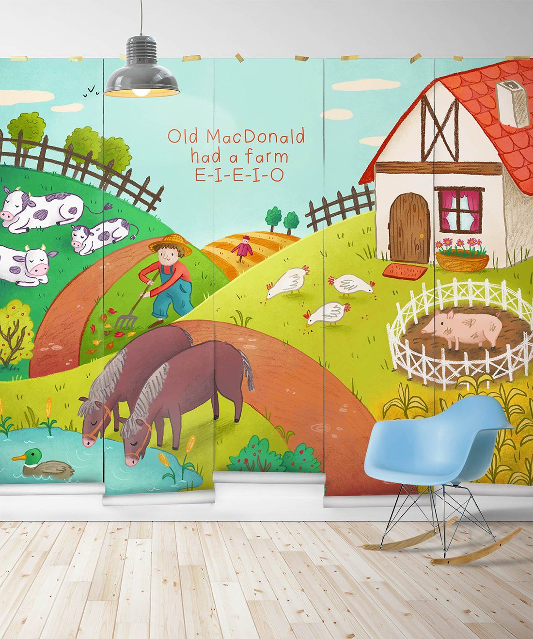 Old MacDonald is illustrated kids wall mural