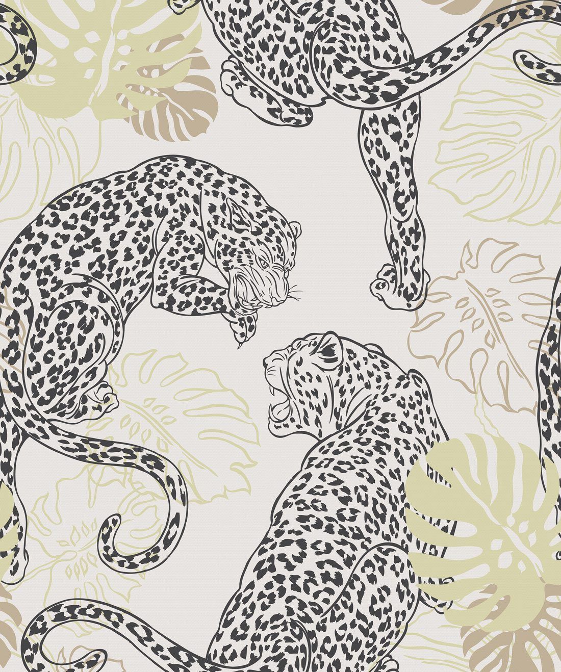 Removable Water-Activated Wallpaper Tropical Jungle Retro Teal Jaguars Leopards