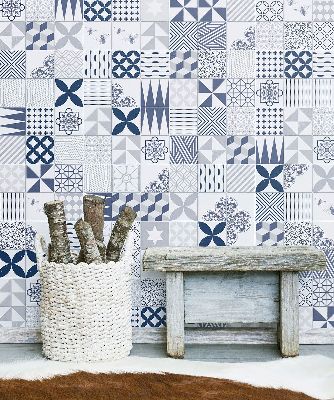 Cement Tiles Blue Wallpaper