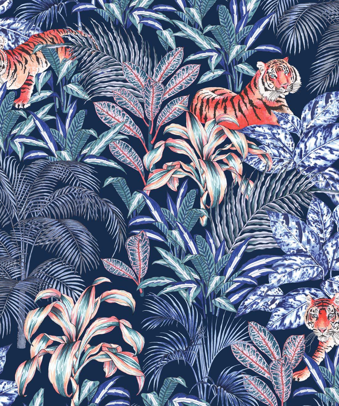 Jungle Tiger Wallpaper • Tropical Wallpaper • Jacqueline Colley • Blue • Swatch