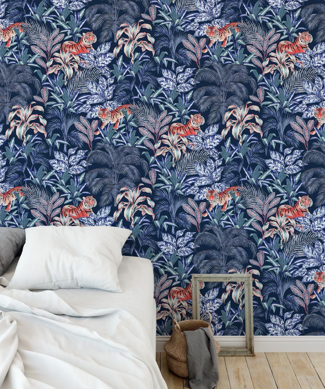 Jungle Tiger Wallpaper • Tropical Wallpaper • Jacqueline Colley • Blue • Insitu