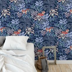 Jungle Tiger Wallpaper • Tropical Wallpaper • Jacqueline Colley • Blue • Insitu
