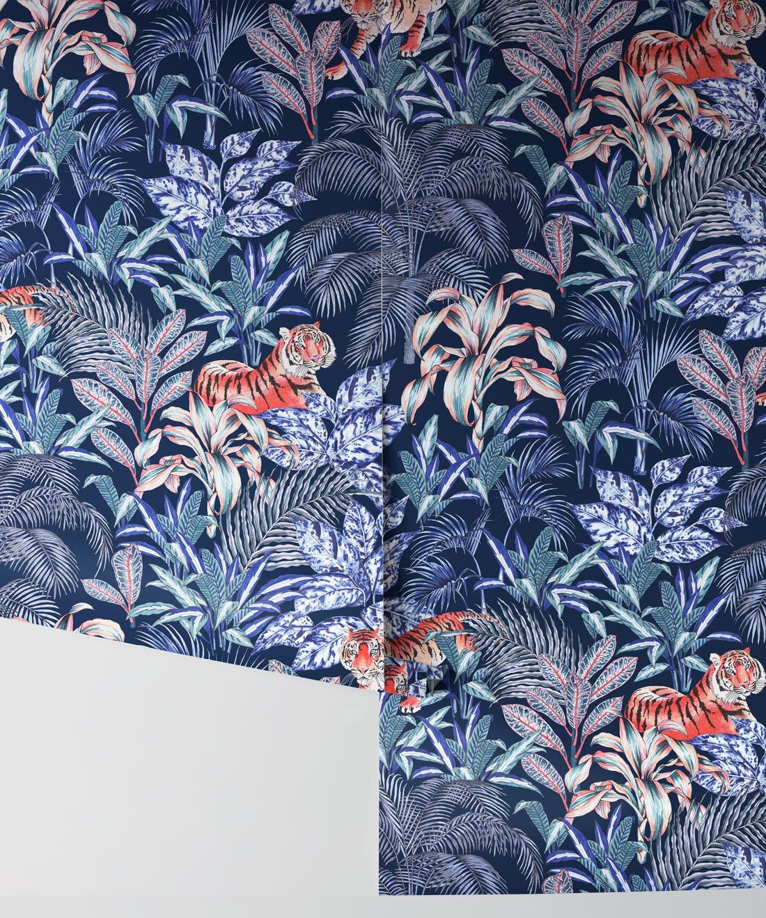 Jungle Tiger Wallpaper • Tropical Wallpaper • Jacqueline Colley • Blue • Rolls