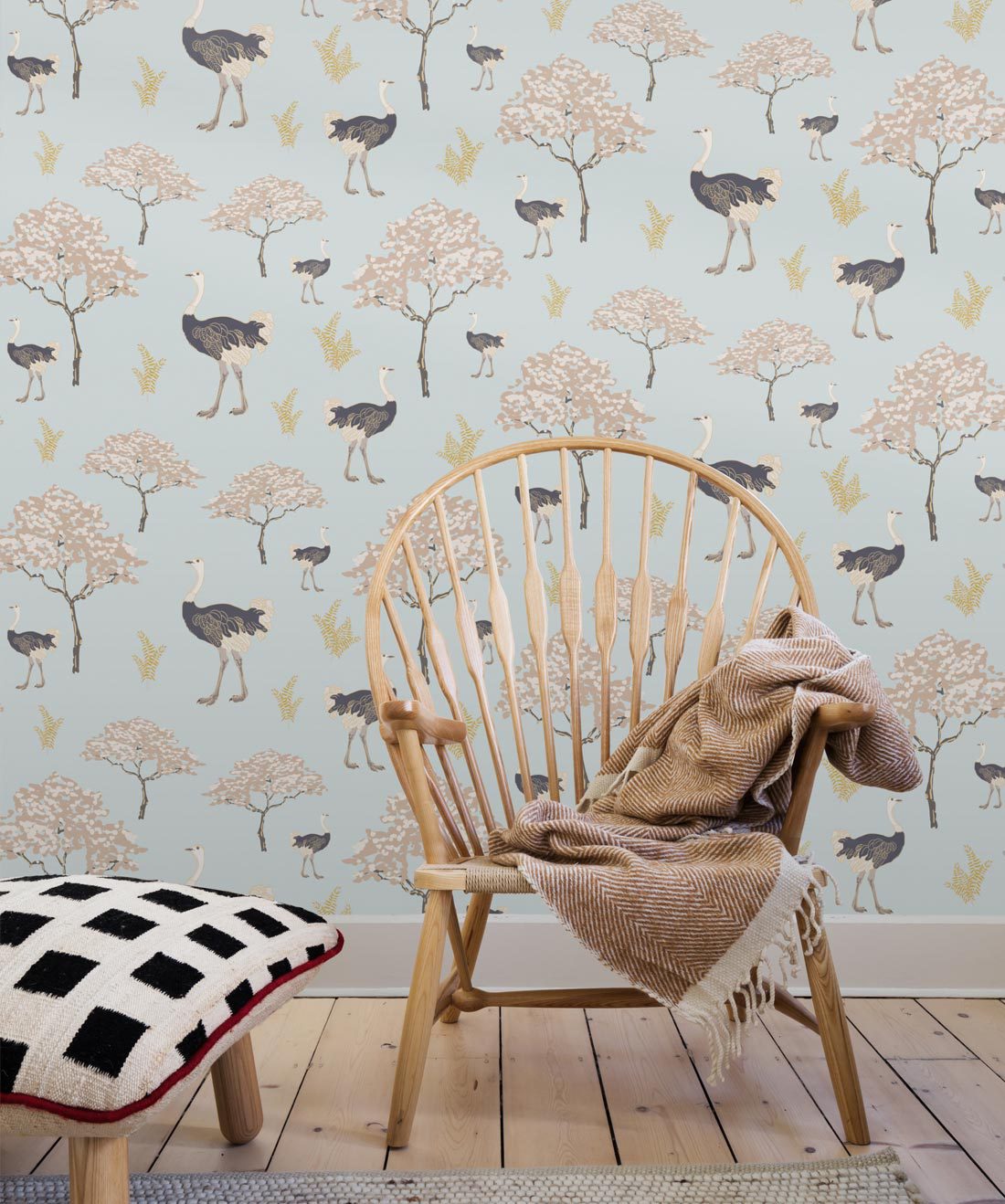 Savanna Ostrich in Brisk Blue wallpaper