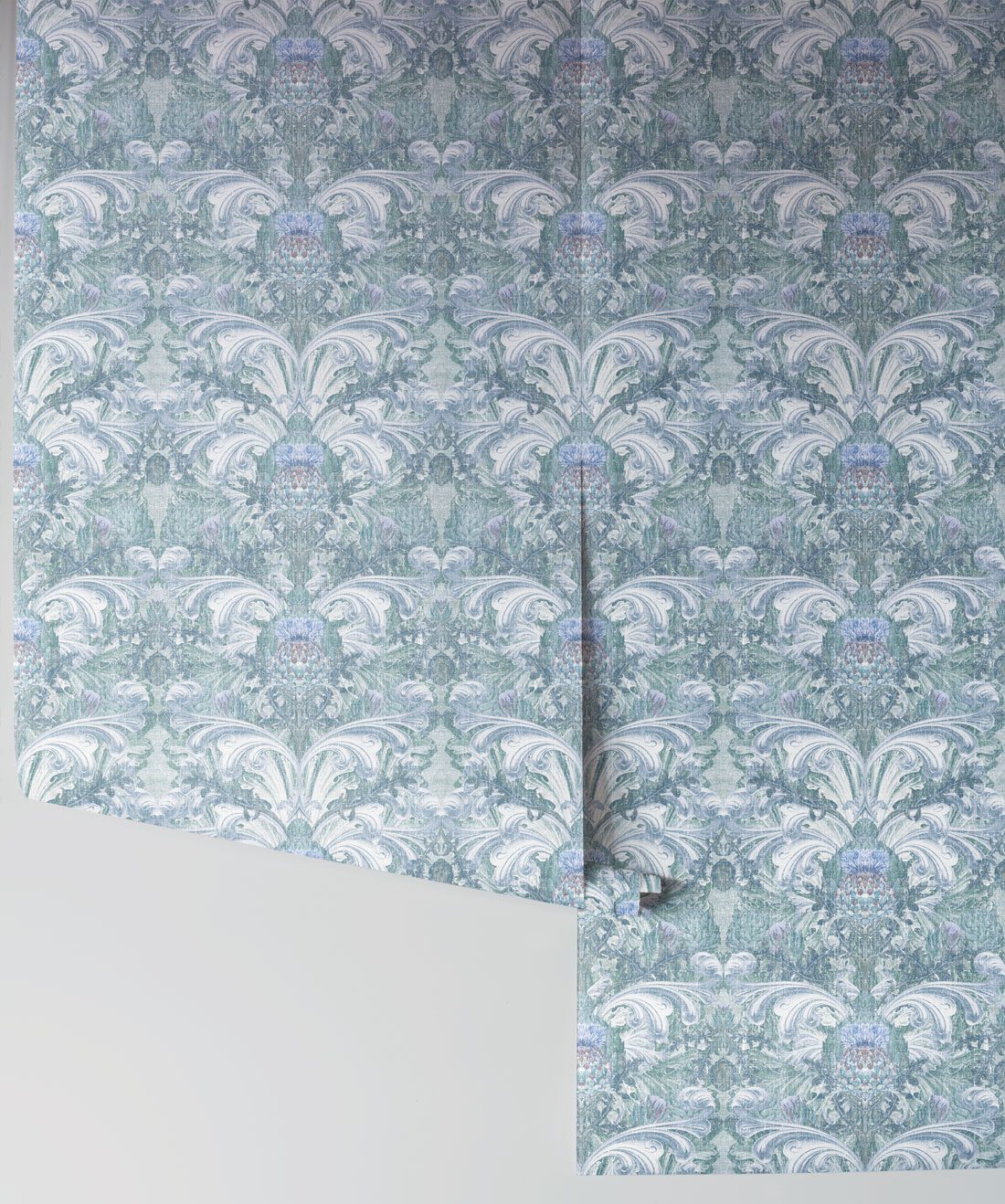 Thistle in Ashen is a Baroque Inspired Wallpaper