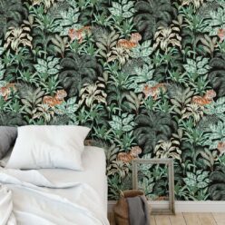 Jungle Tiger Wallpaper • Tropical Wallpaper • Jacqueline Colley • Mint • Insitu