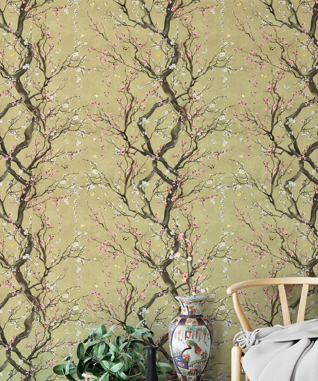 Plum Blossom in Silver is a Japanese floral wallpaper