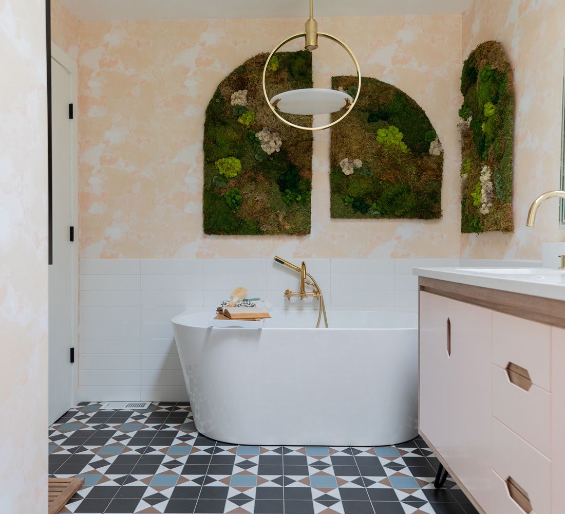 Autumn Path Wallpaper in the bathroom designed by Rebecca Plumb