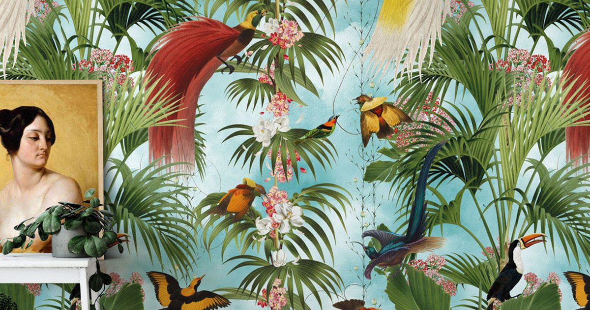 Tropical bird with plant print wallpaper Vector Image