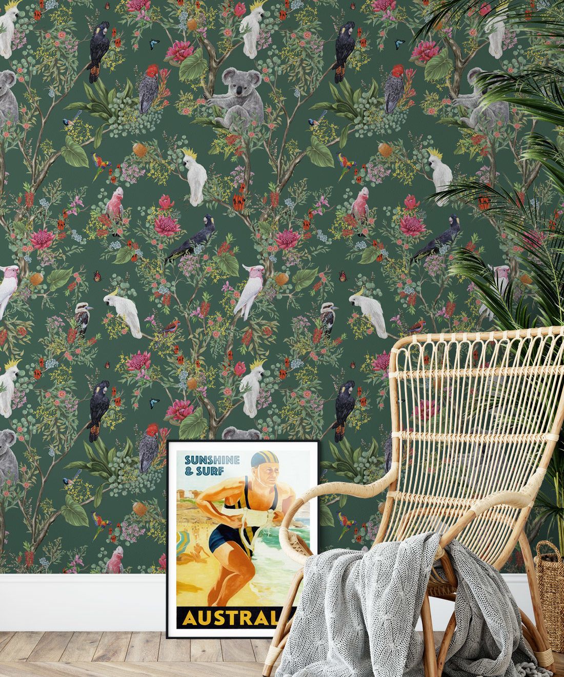 Australia Wallpaper • Cockatoos, Koalas, Parrots, Finches • Milton & King USA • Green Wallpaper Insitu