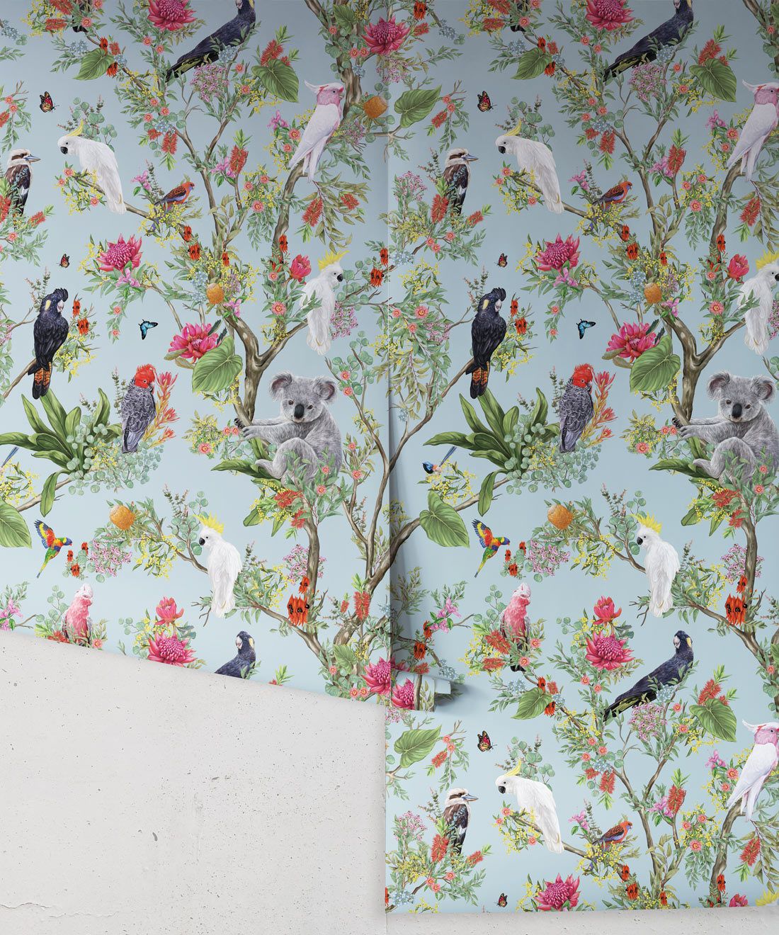 Australia Wallpaper • Cockatoos, Koalas, Parrots, Finches • Milton & King USA • Aqua Wallpaper Roll
