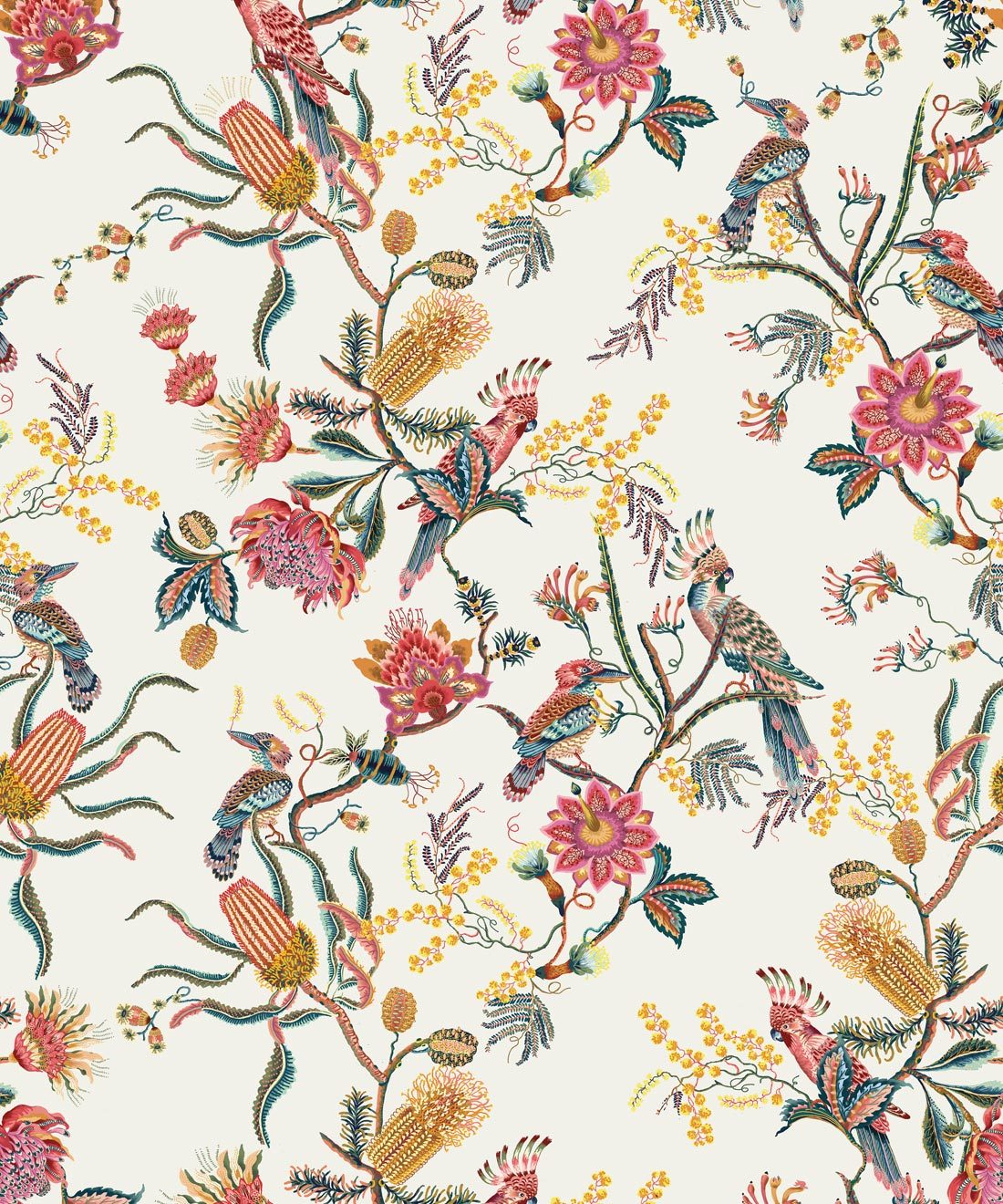 Matilda Wallpaper • Cockatoo, kookaburra • Australian Wallpaper • Milton & King USA • Oceania Swatch