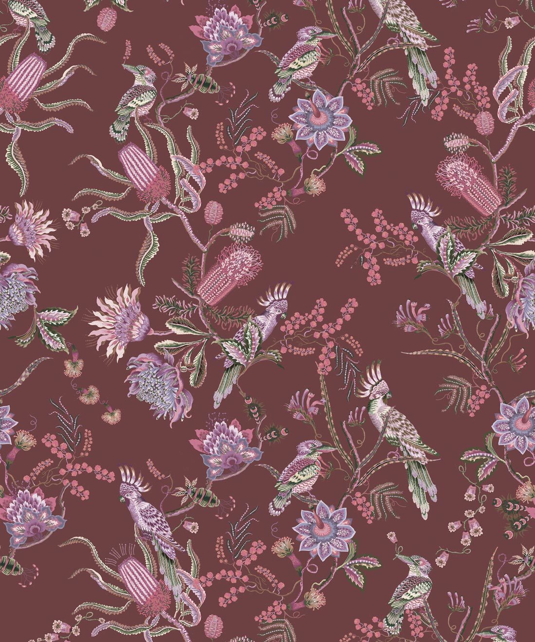 Matilda Wallpaper • Cockatoo, kookaburra • Australian Wallpaper • Milton & King USA • Plum Insitu