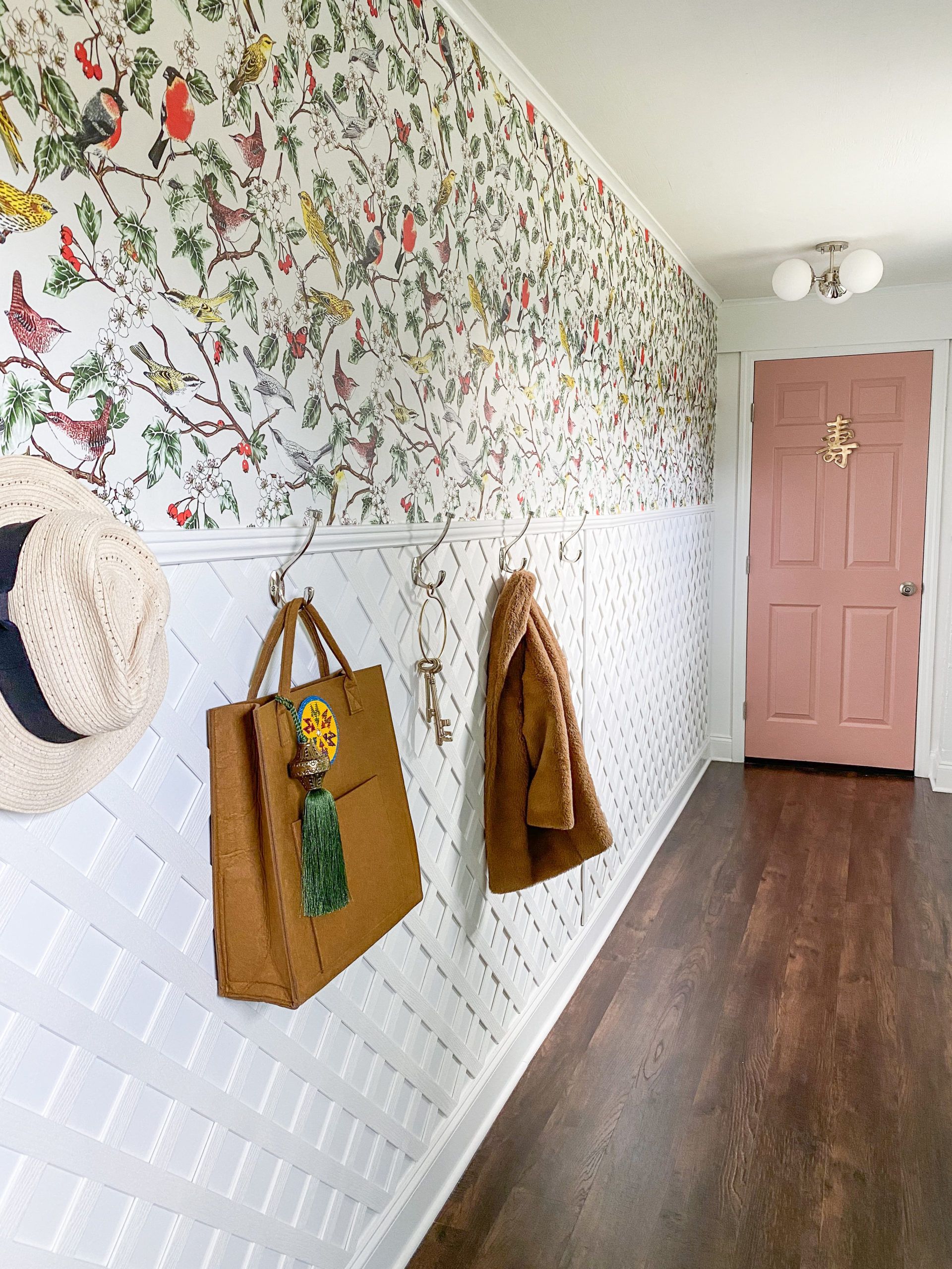 Entryway Decor and Wallpapered Ceiling - A Beautiful Mess