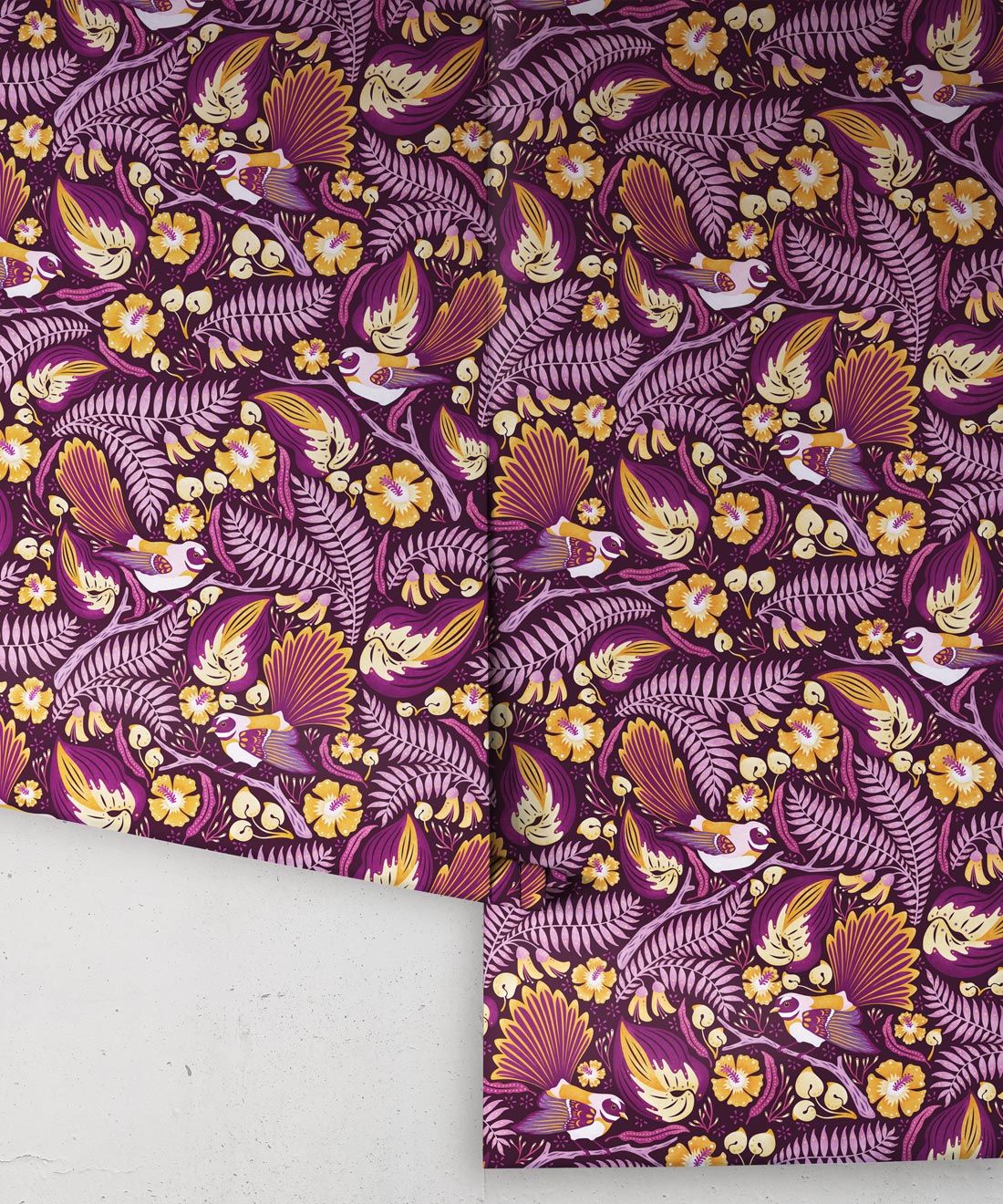 Faintails Wallpaper • New Zealand • Bird Wallpaper • Kowhai Tree • Kowhai Flowers • Purple Wallpaper • Wallpaper Rolls