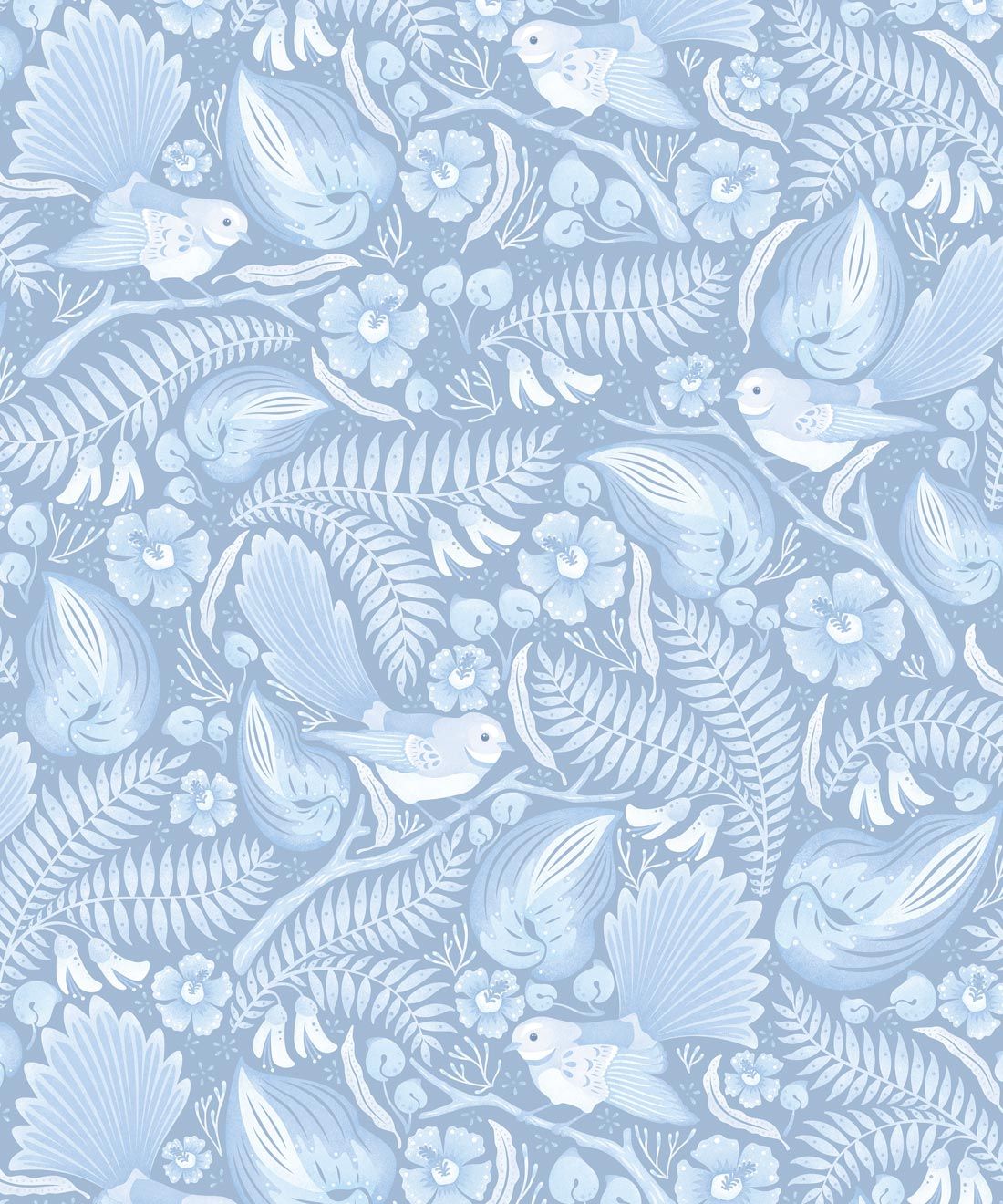 Faintails Wallpaper • New Zealand • Bird Wallpaper • Kowhai Tree • Kowhai Flowers • Light Blue Wallpaper • Ice Colorway