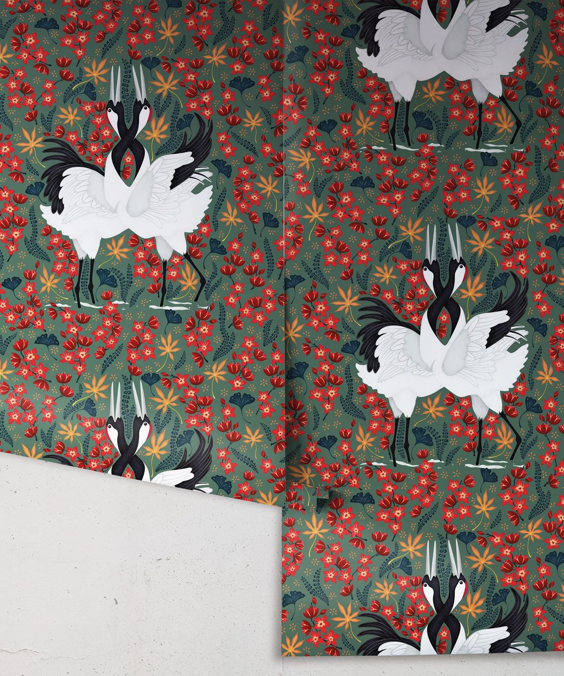 Japanese Cranes Wallpaper • Bird Wallpaper • Red and Green Wallpaper