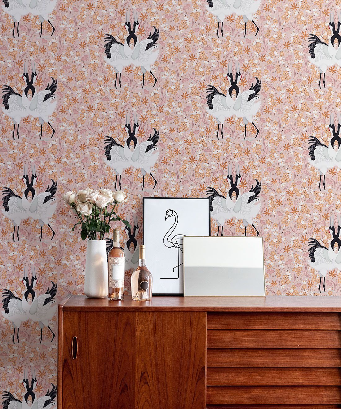 Japanese Cranes Wallpaper • Bird Wallpaper • Pink Wallpaper Insitu