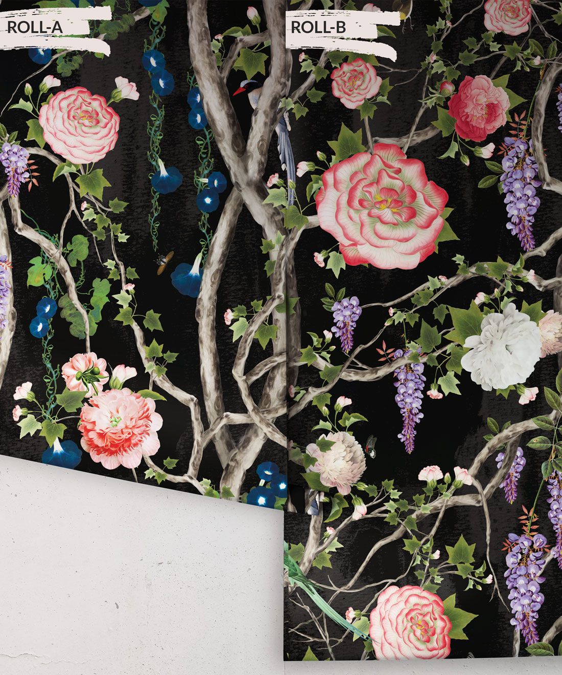 Empress Wallpaper • Romantic Wallpaper • Floral Wallpaper • Chinoiserie Wallpaper * Black color wallpaper rolls • Night