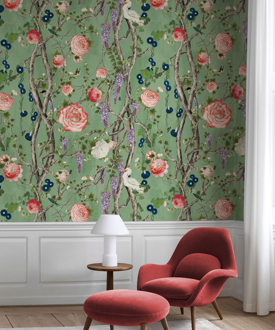 Empress Wallpaper • Romantic Wallpaper • Floral Wallpaper • Chinoiserie Wallpaper • Green color wallpaper insitu • Tea Garden