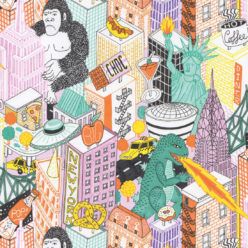 New York City Wallpaper by Jacqueline Colley featuring Godzilla, King Kong, a UFO, buildings and the statue of liberty swatch