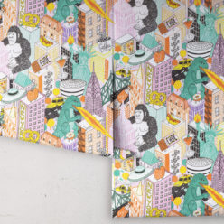 New York City Wallpaper by Jacqueline Colley featuring Godzilla, King Kong, a UFO, buildings and the statue of liberty rolls