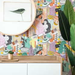 New York City Wallpaper by Jacqueline Colley featuring Godzilla, King Kong, a UFO, buildings and the statue of liberty insitu