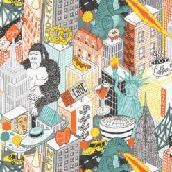 New York City Wallpaper by Jacqueline Colley featuring Godzilla, King Kong, a UFO, buildings and the statue of liberty • Grey • swatch