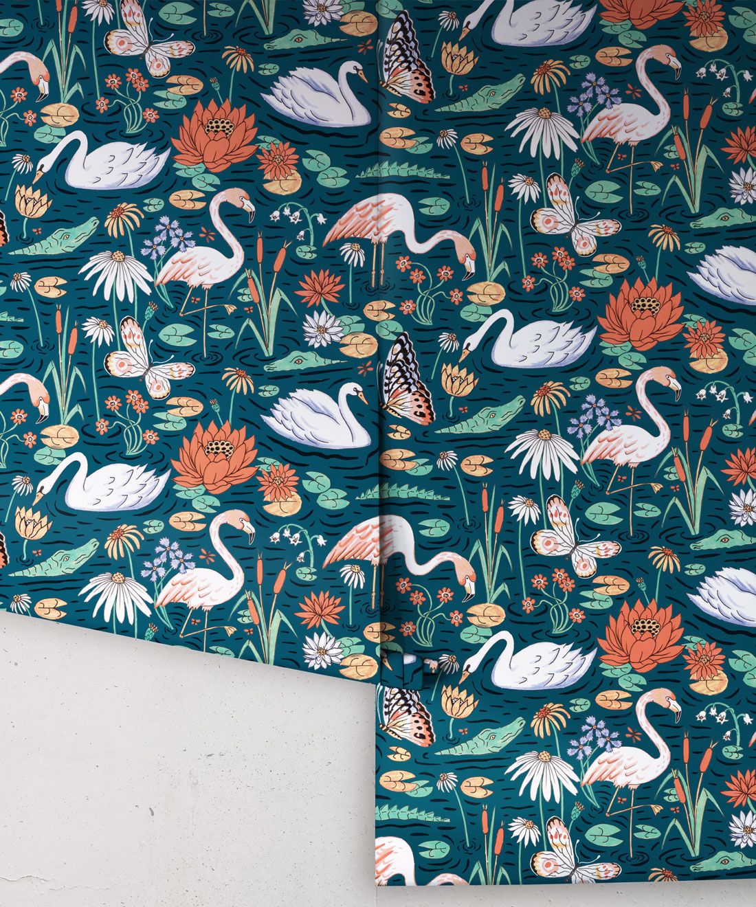 Pond Pattern Wallpaper featuring alligators, swans, flamingos and lily pads • Dark • rolls
