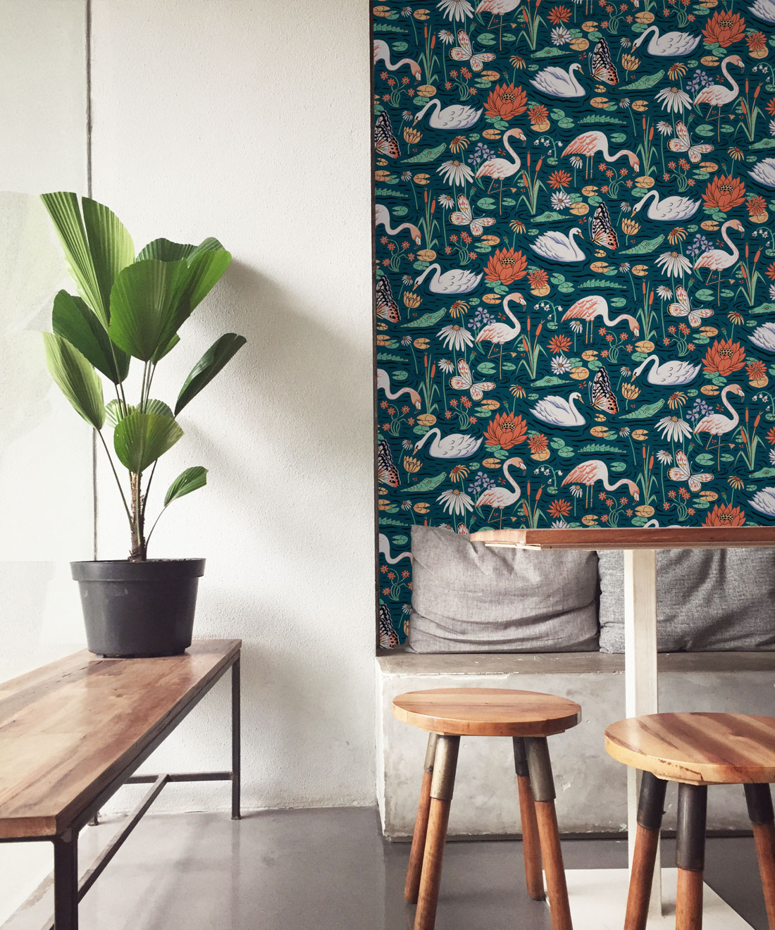 Pond Pattern Wallpaper featuring alligators, swans, flamingos and lily pads • Dark • insitu