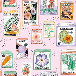 Seed Packets Wallpaper featuring watermelon, carrot, beet, beans, poppy, daisy • Pink • swatch