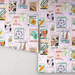 Seed Packets Wallpaper featuring watermelon, carrot, beet, beans, poppy, daisy • Pink • Rolls