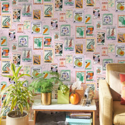 Seed Packets Wallpaper featuring watermelon, carrot, beet, beans, poppy, daisy • Pink • Insitu