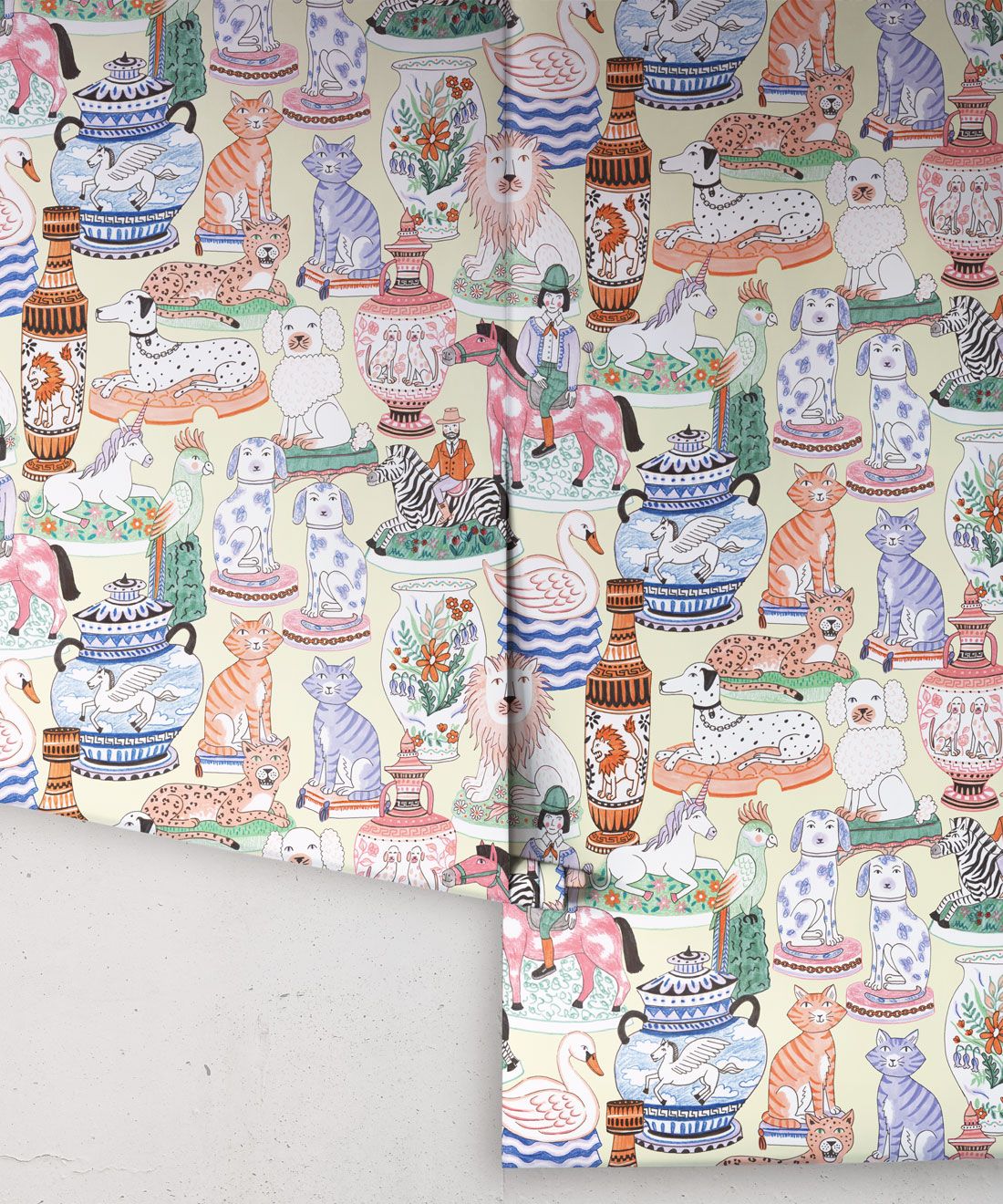Ceramics Wallpaper featuring vases of dogs, cats, zebras, lions, parrots and unicorns • Yellow • Rolls
