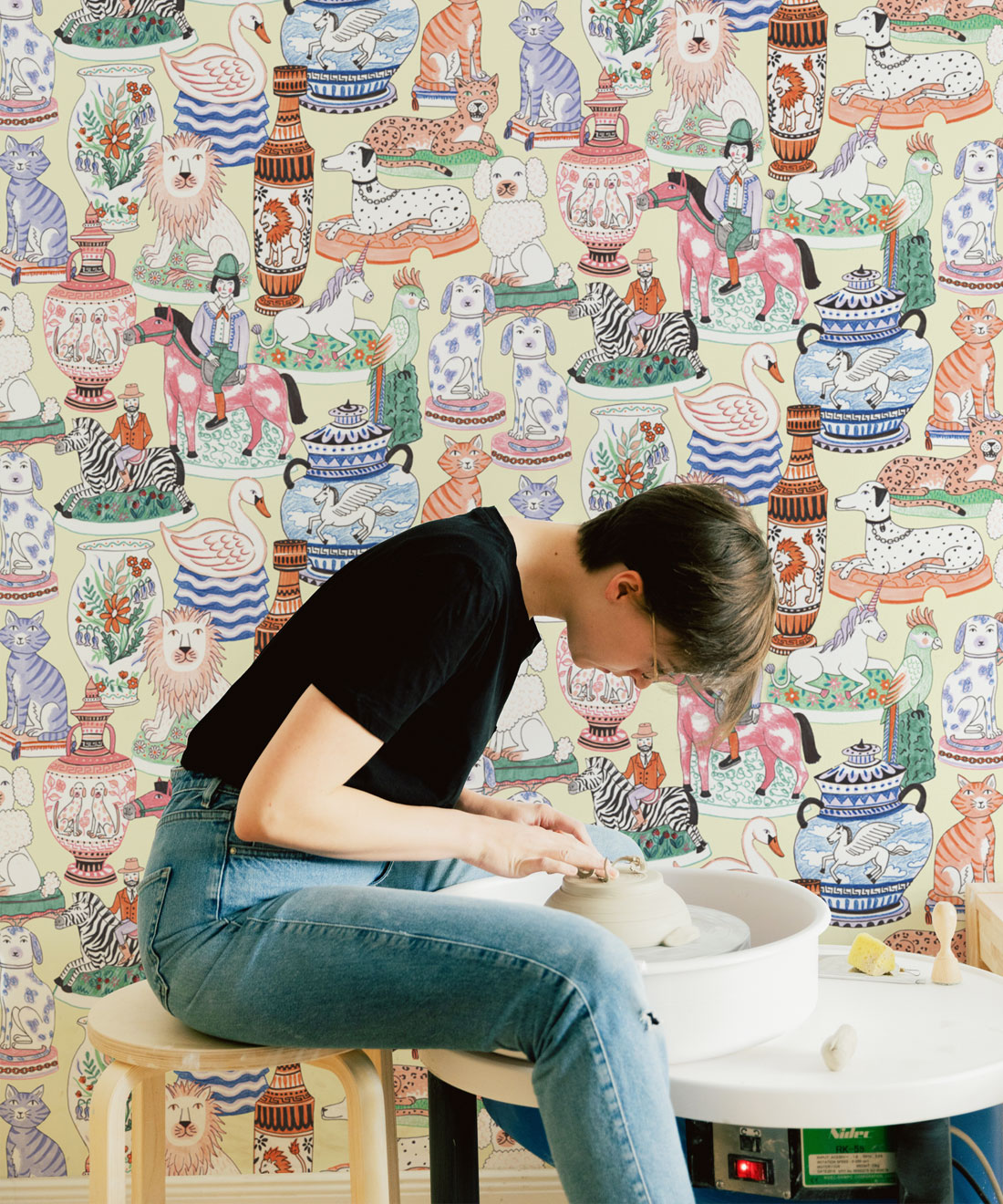 Ceramics Wallpaper featuring vases of dogs, cats, zebras, lions, parrots and unicorns • Yellow • Insitu