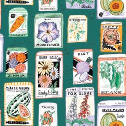 Seed Packets Wallpaper featuring watermelon, carrot, beet, beans, poppy, daisy • Teal • swatch