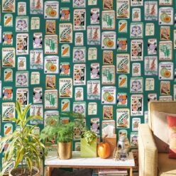 Seed Packets Wallpaper featuring watermelon, carrot, beet, beans, poppy, daisy • Teal • Insitu
